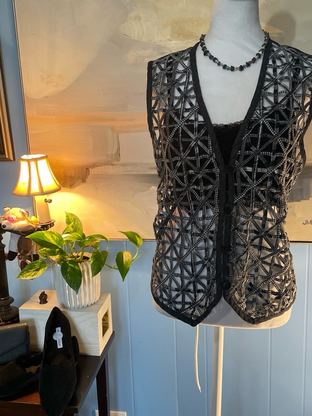 Black Crochet Openwork Button-Front Vest
